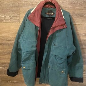 Large Green Winter Jacket With Maroon Detailing